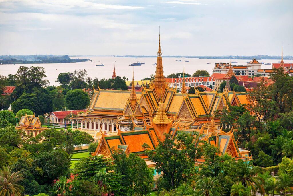 Aerial view of Wat Phnom temple and surrounding gardens